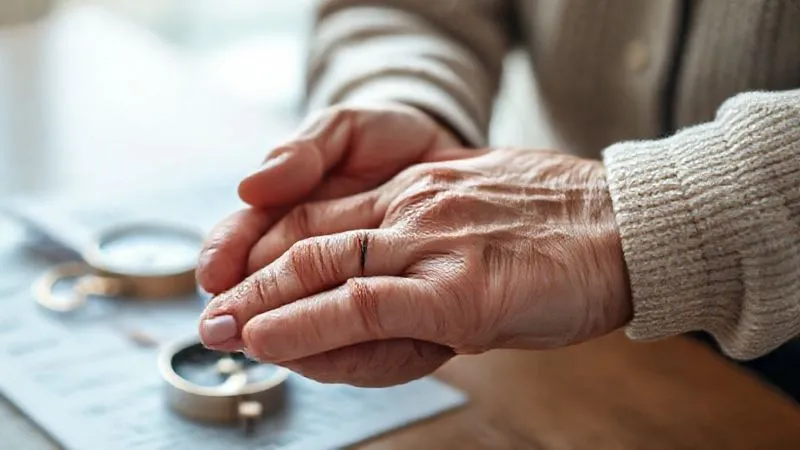 A photorealistic, professional photography, 8K, cinematic lighting shot of a caring hand gently holding an elderly hand, with travel documents and a compass subtly blurred in the background. The image should convey support, guidance, and peace of mind in the context of travel planning. Sharp focus on the hands, depth of field blurring the background. Shot on a high-end DSLR.