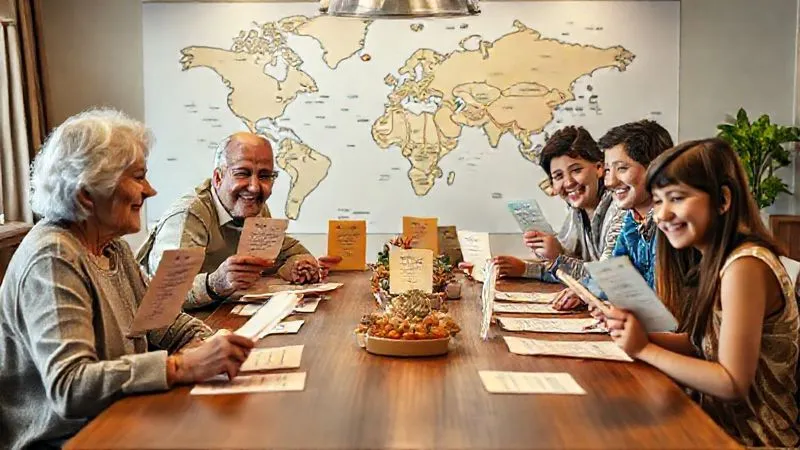 A photorealistic image of a diverse family (grandparents, parents, teens, young children) sitting around a large dining table, each person holding a small, colorful paper with their written travel wishes. They are smiling and engaged in conversation, with a large world map in the background. Cinematic lighting, sharp focus on the family and their lists, depth of field blurring the background slightly. Professional photography, 8K.