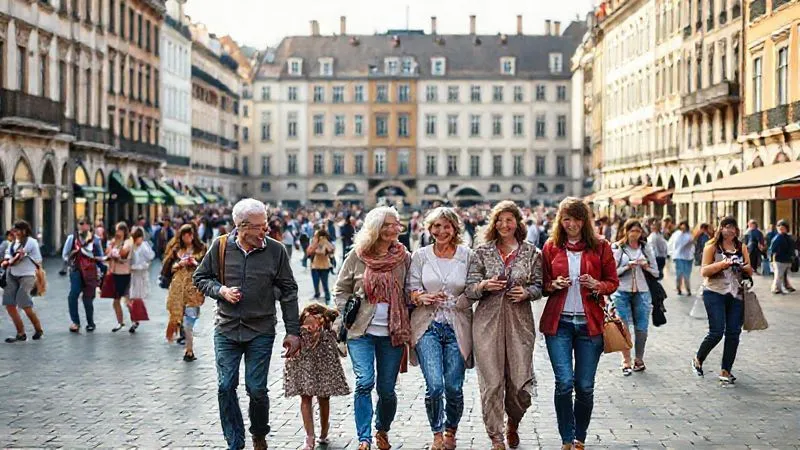 A photorealistic wide shot of a bustling European city square. In the foreground, a multi-generational family group (grandparents, parents, children) are happily walking together, engaged in conversation, representing an 'anchor activity'. In the mid-ground, smaller groups of people (some seemingly families, some individuals) are seen doing different things – reading, having coffee, taking photos – representing 'free flow'. Soft morning light, 8K, cinematic, sharp focus on the foreground family, subtle depth of field. Professional photography.