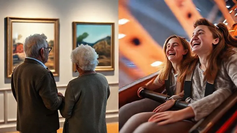 A photorealistic split image. On one side, two grandparents are quietly admiring a painting in an elegant art gallery, soft lighting, calm atmosphere. On the other side, two teenagers are laughing excitedly on a roller coaster, dynamic motion blur, bright lights. Both scenes are captured with professional photography, 8K, sharp focus on the subjects, depth of field. The split is clean and artistic, showing contrasting but equally joyful activities within a single frame.