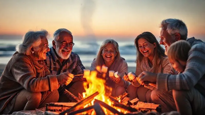 A photorealistic heartwarming scene of a multi-generational family (grandparents, parents, children) gathered around a campfire at dusk on a beach. They are roasting marshmallows, laughing, and sharing stories, their faces illuminated by the warm glow of the fire. The ocean is softly visible in the background. Professional photography, 8K, cinematic lighting, sharp focus on the family, depth of field blurring the distant waves. Emotional, authentic moment.
