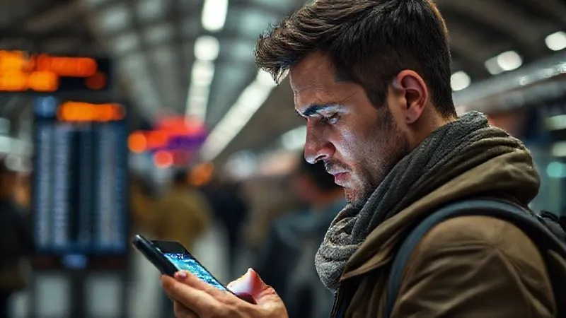 photorealistic, professional photography, 8K, cinematic lighting, sharp focus, depth of field, shot on a high-end DSLR. A traveler at a bustling European train station, looking intently at a smartphone screen displaying a train schedule, with a blurred train departure board in the background. The traveler's expression shows focused problem-solving, with a subtle glow from the phone illuminating their face.