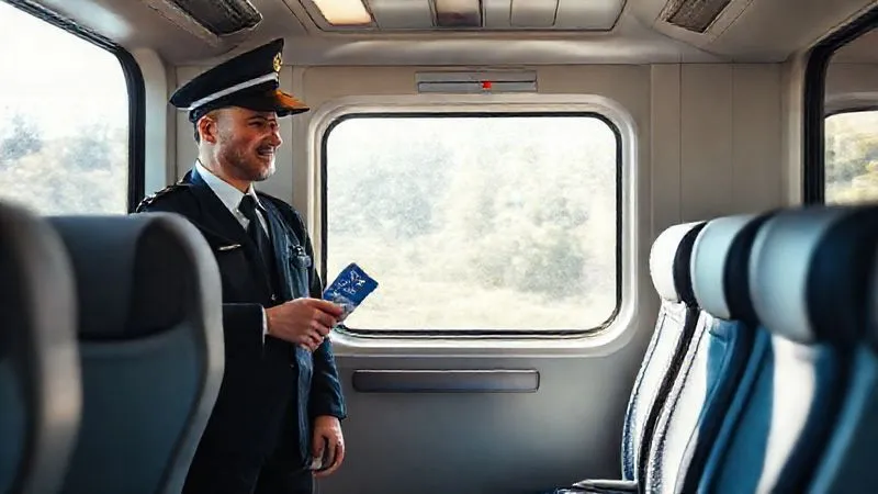 photorealistic, professional photography, 8K, cinematic lighting, sharp focus, depth of field, shot on a high-end DSLR. The interior of a modern European train carriage, with a friendly train conductor in uniform pointing towards an empty seat for a grateful traveler holding an Interrail pass. Soft, natural light streams through the window, creating a warm, inviting atmosphere.