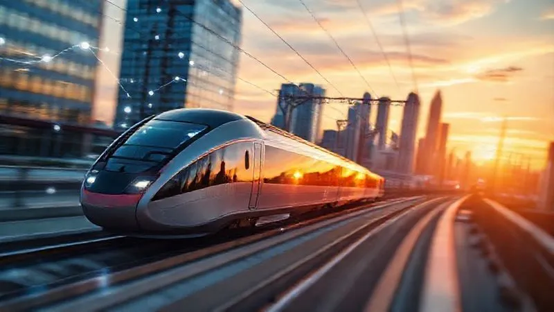 photorealistic, professional photography, 8K, cinematic lighting, sharp focus, depth of field, shot on a high-end DSLR. A sleek, futuristic high-speed train gliding through a modern European city at sunset, with digital overlays of interconnected routes and glowing data streams, symbolizing innovation and a seamless future for train travel. A sense of optimism and efficiency.