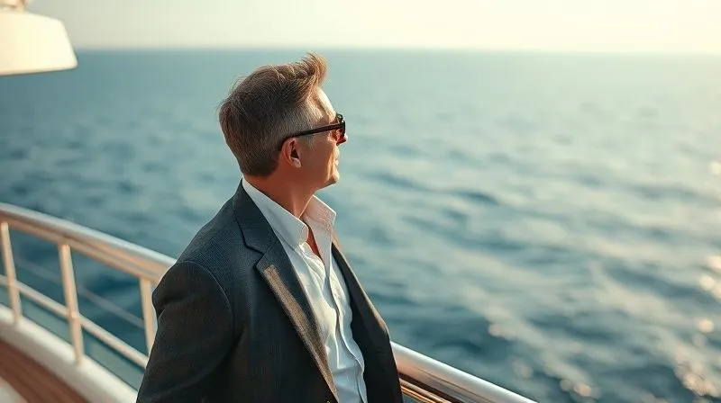 A photorealistic, professional photography image of a discerning VIP traveler, elegantly dressed, gazing thoughtfully out at a serene ocean from a private yacht deck. The lighting is soft and contemplative, highlighting the calm yet sophisticated atmosphere. Sharp focus on the individual, with a gentle depth of field on the vast sea. 8K hyper-detailed, shot on a high-end DSLR.