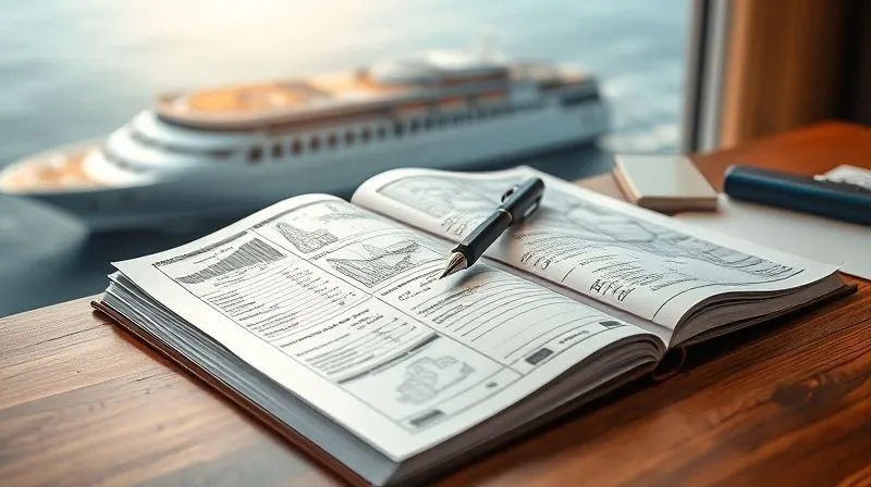 A photorealistic, professional photography image of a detailed travel planner, open on a mahogany desk, with a pen poised over intricate notes and sketches. In the background, a blurred image of a luxurious ocean liner. The scene is lit with warm, focused light, emphasizing meticulous planning and attention to detail. 8K hyper-detailed, shot on a high-end DSLR.