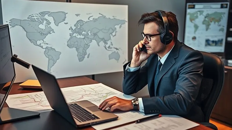 A photorealistic, professional photography image of a calm and composed luxury travel advisor, mid-conversation on a secure satellite phone, with a sophisticated world map and contingency plans spread out on a desk. The lighting is focused and professional, conveying control and preparedness in a high-stakes environment. 8K hyper-detailed, shot on a high-end DSLR.