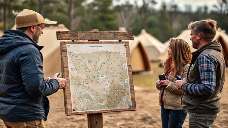 A friendly glamping staff member, dressed in professional outdoor attire, engaging with a small group of guests around a rustic map stand at the entrance of a remote glamping site. The staff member is pointing to a safety feature on the map, while guests listen attentively, some holding small personal safety devices. The scene is warm and inviting, yet clearly focused on education. Photorealistic, professional photography, 8K, cinematic lighting, sharp focus on the interaction, depth of field blurring the background glamping tents, shot on a high-end DSLR.