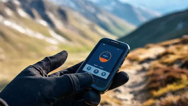 A close-up, photorealistic shot of a modern, sleek personal satellite messenger device held in a gloved hand against a blurred background of a remote, scenic mountain trail. The device's screen shows a clear GPS signal and an active SOS button. Professional photography, 8K, cinematic lighting, sharp focus on the device, depth of field blurring the background, shot on a high-end DSLR.