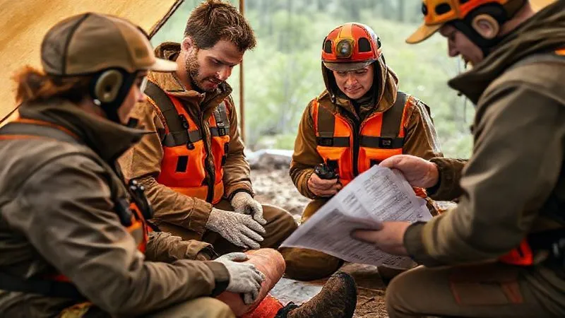 A professional, organized team of glamping staff members conducting a safety drill at a remote site. One staff member is simulating an injury, while others are calmly and efficiently applying first aid, communicating via two-way radios, and consulting a laminated emergency action plan. The scene is set in a natural, rugged environment, emphasizing realistic training. Photorealistic, professional photography, 8K, cinematic lighting, sharp focus on the team's actions, depth of field blurring the background, shot on a high-end DSLR.