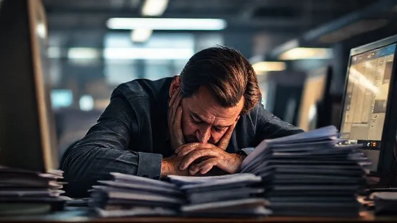 A photorealistic image depicting a professional (diverse ethnicity, 40s) slumped over a desk, surrounded by stacks of papers and glowing computer screens, head in hands, looking utterly exhausted and overwhelmed. The scene is dimly lit with harsh office fluorescents, conveying a sense of despair and chronic fatigue. Sharp focus on the professional, depth of field blurring the chaotic background, 8K hyper-detailed, professional photography, cinematic lighting, shot on a high-end DSLR.