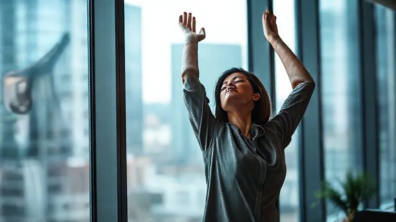 A photorealistic, professional photography, 8K, cinematic lighting, sharp focus, depth of field image of a professional (diverse ethnicity, 30s) standing by a large office window, gently stretching their arms upwards, eyes closed in calm focus. Soft natural light streams in, highlighting a sense of peace and gentle movement amidst a subtly blurred cityscape background. Shot on a high-end DSLR.