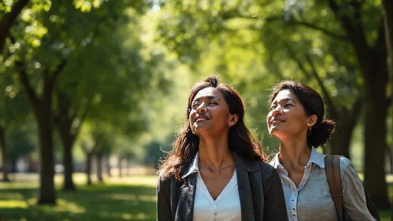 A photorealistic, professional photography, 8K, cinematic lighting, sharp focus, depth of field image of a professional (diverse ethnicity, 30s) taking a mindful walk through a sun-dappled park, wearing business casual attire. They have a serene expression, looking up at the canopy of trees, with soft light filtering through the leaves. The background is a gently blurred natural landscape, conveying peace and refreshment. Shot on a high-end DSLR.