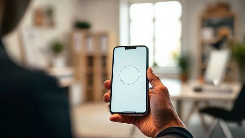 A photorealistic, professional photography, 8K, cinematic lighting, sharp focus, depth of field image of a smartphone screen displaying a minimalist meditation app interface, held gently in the hands of a professional (diverse ethnicity, 30s) who is sitting in a serene, uncluttered office space. The background is softly blurred, suggesting a focus on the digital tool as an aid to calm. Shot on a high-end DSLR.