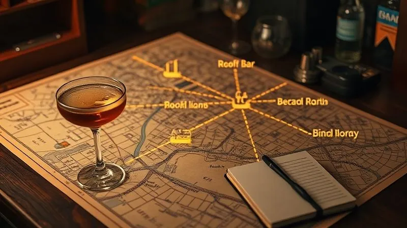 A photorealistic image of a vintage map of a bustling city, overlaid with subtle glowing lines connecting different rooftop bar icons, suggesting a thematic journey. The map is partially unrolled on a dark wooden table, with a cocktail glass and a small notebook in the foreground. Cinematic lighting, sharp focus, depth of field.