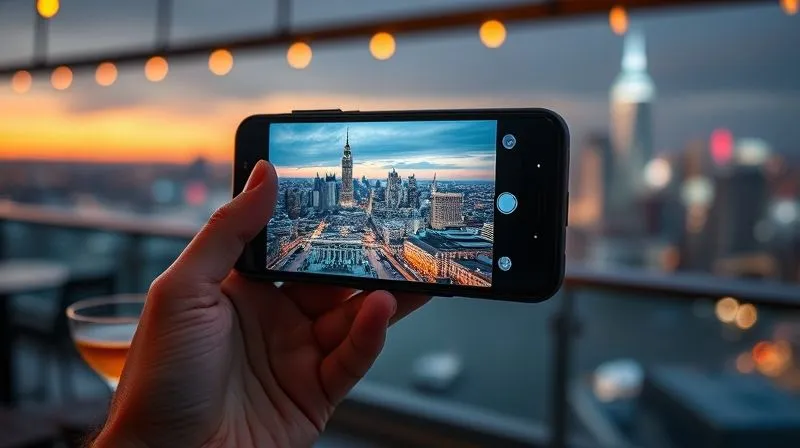 A photorealistic close-up of a smartphone screen displaying an Augmented Reality (AR) overlay of historical buildings and facts on a live camera view of a modern city skyline from a rooftop bar. A hand holds the phone, with a blurred cocktail glass and city lights in the background. Professional photography, 8K, sharp focus on the screen, cinematic lighting.