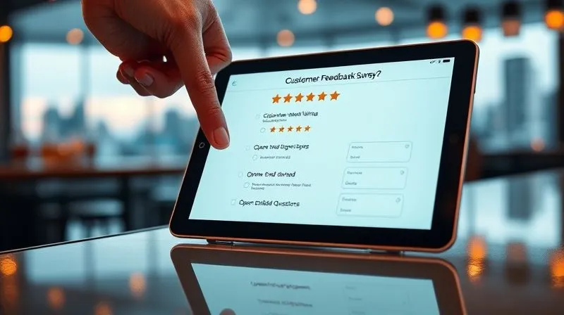 A photorealistic image of a sleek tablet displaying a customer feedback survey with star ratings and open-ended questions, resting on a modern bar top with a blurred city skyline in the background. A hand is about to tap the screen. Professional photography, 8K, cinematic lighting, sharp focus on the tablet, depth of field.