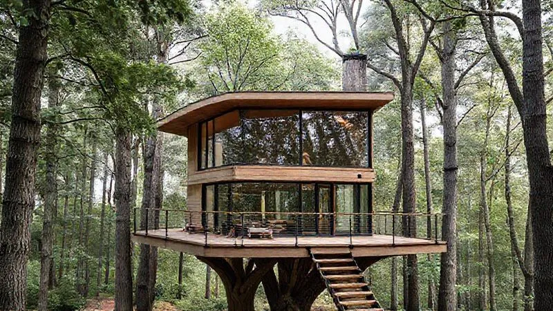 A photorealistic, professional architectural rendering of a modern, sleek treehouse design, showcasing its innovative support structure, large panoramic windows, and integrated decking. The image should highlight the blend of natural materials with contemporary lines, set against a lush forest backdrop. 8K, cinematic lighting, sharp focus, depth of field, shot on a high-end DSLR.