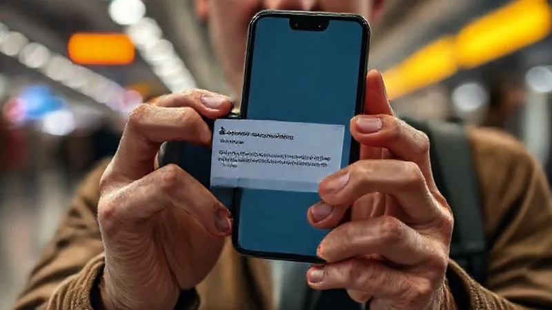 A close-up, photorealistic shot of a traveler's hands, slightly trembling, holding a smartphone displaying a 'Couchsurfing Host Cancellation' email notification. The traveler's face is partially visible, showing a mix of shock and concern. The background is blurred, suggesting a public space like a train station or airport. Professional photography, 8K, cinematic lighting, sharp focus on the screen and hands, depth of field, shot on a high-end DSLR.