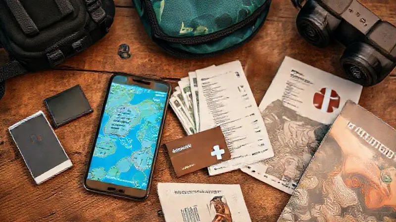 A well-organized backpacker's travel flat lay, showing essentials: a smartphone with offline maps, a small stack of local currency, a credit card, a printed emergency contact list, a compact first-aid kit, and a travel guide. The items are neatly arranged on a rustic wooden table. Photorealistic, professional photography, 8K, cinematic lighting, sharp focus on the items, depth of field, shot on a high-end DSLR.