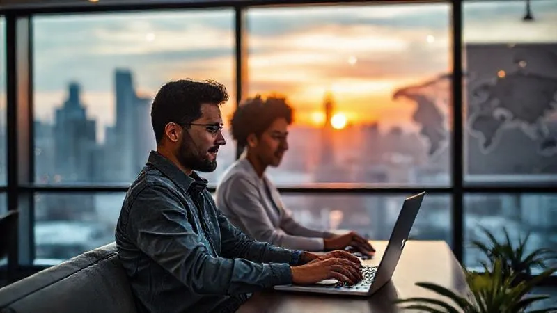 A professional-looking digital nomad, mid-thirties, diverse ethnicity, working calmly on a laptop in a modern co-working space. In the background, a large window reveals a vibrant city skyline at sunset. A travel map is subtly visible on the wall behind them, suggesting their lifestyle. Photorealistic, professional photography, 8K, cinematic lighting, sharp focus on the person and laptop, depth of field blurring the background, shot on a high-end DSLR.