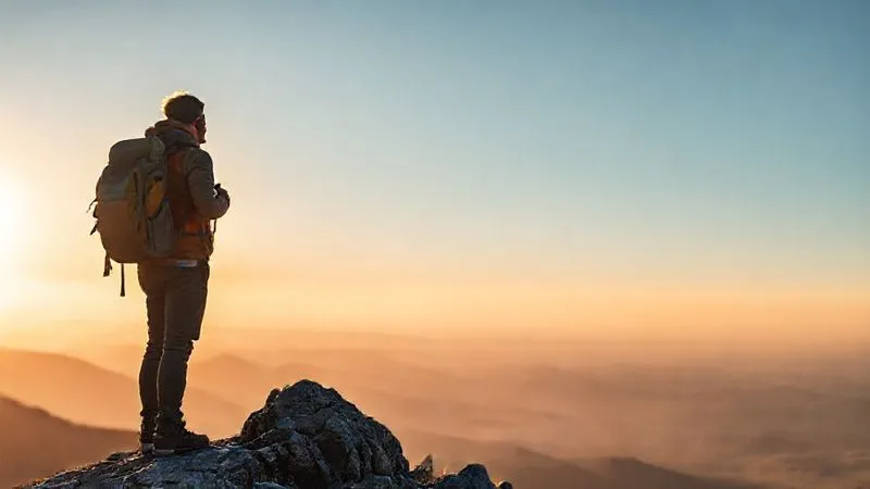 A resilient solo traveler, standing confidently on a mountain peak at sunrise, backpack on. They are looking out over a vast, beautiful landscape, symbolizing overcoming challenges and the promise of new adventures. The lighting is warm and golden, casting long shadows. Photorealistic, professional photography, 8K, cinematic lighting, sharp focus on the traveler, depth of field blurring the distant landscape, shot on a high-end DSLR.