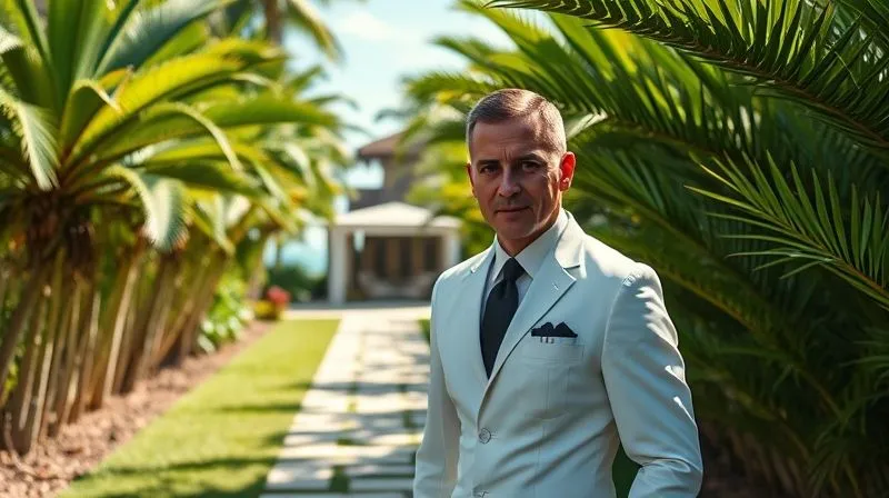 photorealistic, professional photography, 8K, cinematic lighting, sharp focus, depth of field, shot on a high-end DSLR, a highly trained, discreet concierge in a pristine uniform, subtly guiding a guest towards a secluded path on a luxury private island resort. The path is bordered by lush, tall tropical foliage, leading to a hidden, sun-drenched private villa. The concierge's expression is professional and reassuring, embodying absolute discretion.