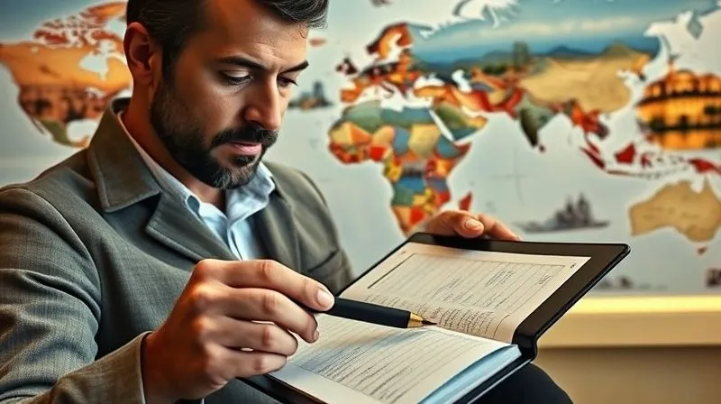 photorealistic, professional photography, 8K, cinematic lighting, sharp focus, depth of field, shot on a high-end DSLR, a luxury travel consultant meticulously reviewing a detailed itinerary on a tablet, with a backdrop of a world map and exotic destination photos. The consultant's expression is focused and detail-oriented, symbolizing strategic planning and flawless execution for a high-stakes client trip. A pen rests on a notebook filled with precise notes.