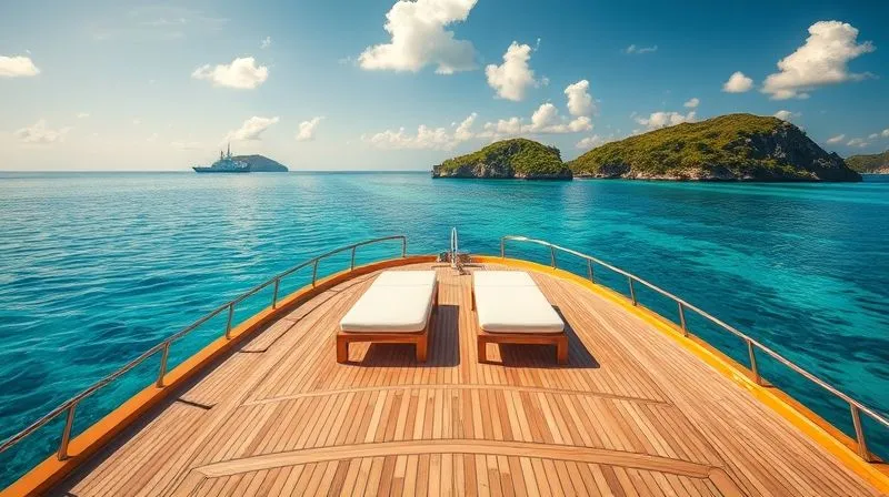 photorealistic, professional photography, 8K, cinematic lighting, sharp focus, depth of field, shot on a high-end DSLR, the expansive, teak deck of a luxurious private superyacht, anchored in a secluded, turquoise Caribbean cove. Two elegant, empty sun loungers are perfectly positioned at the bow, bathed in warm golden sunlight. The surrounding water is calm, and lush green islands are visible in the far distance, emphasizing ultimate privacy and freedom on the open sea.