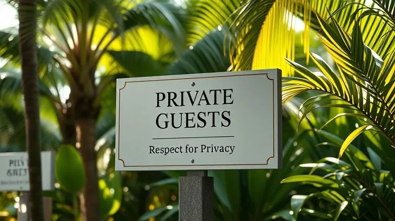 photorealistic, professional photography, 8K, cinematic lighting, sharp focus, depth of field, shot on a high-end DSLR, a stylish, modern resort sign in a lush tropical garden, with subtle text indicating "Private Guest Area" and "Respect for Privacy." The sign is tastefully designed, blending into the luxurious environment, symbolizing the careful balance between clear rules and guest discretion. Soft, dappled sunlight filters through the foliage.