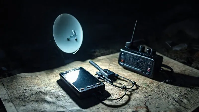 A photorealistic image depicting a satellite phone and a two-way radio lying on a rugged map, illuminated by the dim glow of a headlamp in a dark, remote wilderness setting. Professional photography, 8K, cinematic lighting, sharp focus on the communication devices, depth of field blurring the background, shot on a high-end DSLR.