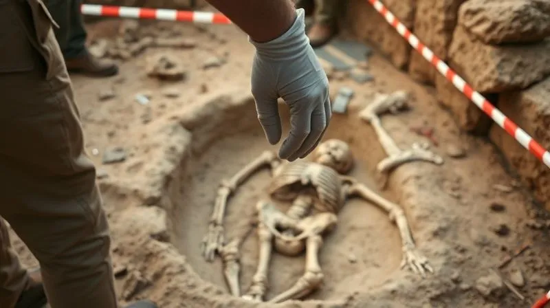 photorealistic, professional photography, 8K, cinematic lighting, sharp focus, depth of field, shot on a high-end DSLR. An archaeological dig site with red and white barrier tape clearly sectioning off an area where a partially exposed human skeleton is visible. A cautious, gloved hand is hovering over the remains, ready to document, while other team members observe respectfully from outside the taped perimeter. The lighting is natural and respectful, emphasizing the solemnity of the discovery.