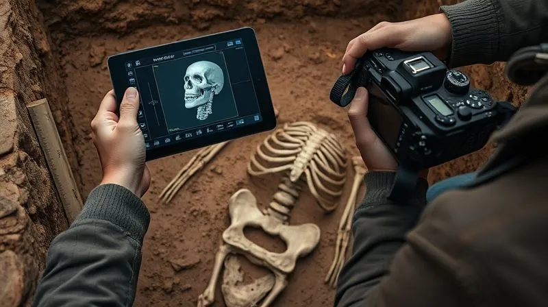 photorealistic, professional photography, 8K, cinematic lighting, sharp focus, depth of field, shot on a high-end DSLR. An archaeologist meticulously documenting a partially exposed human skeleton in a trench. One hand holds a tablet displaying a 3D scan in progress, while the other holds a professional camera for detailed photography. A metric scale and north arrow are clearly visible next to the remains. The scene emphasizes precision and high-tech archaeological recording.