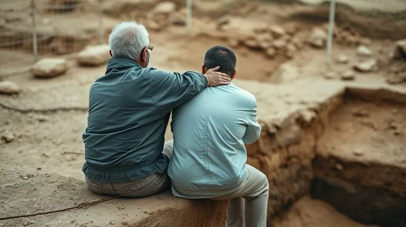 photorealistic, professional photography, 8K, cinematic lighting, sharp focus, depth of field, shot on a high-end DSLR. Two archaeologists, one slightly older and experienced, the other younger, sitting together on the edge of a dig trench. The older archaeologist has a comforting hand on the younger one's shoulder, both looking thoughtful, suggesting a moment of shared reflection and support after a sensitive discovery. The background shows a secured archaeological site, slightly blurred, emphasizing the human connection in the foreground.