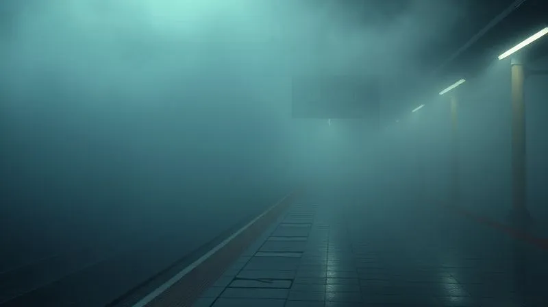 A photorealistic image of a train station platform obscured by heavy, swirling fog, with a 'DELAYED' sign barely visible in the distance. The atmosphere is melancholic and slightly unsettling, conveying the uncertainty of travel disruptions. Cinematic lighting, sharp focus on the immediate foreground, depth of field blurring the station, 8K hyper-detailed, shot on a high-end DSLR.
