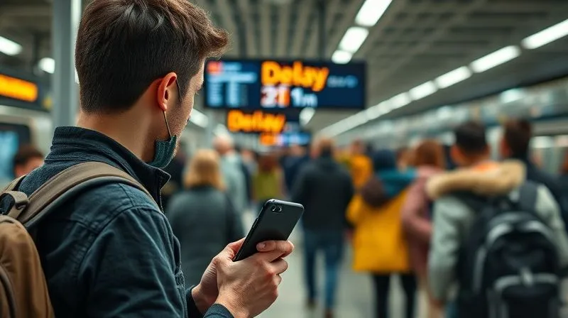 A photorealistic image of a traveler holding a smartphone, looking at a train information screen at a bustling international train station, displaying delay notifications. The traveler appears focused, with a slight sense of urgency. Cinematic lighting, sharp focus, depth of field blurring the crowd, 8K hyper-detailed, shot on a high-end DSLR.