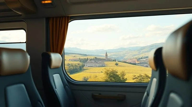 A photorealistic image from inside a modern, comfortable long-distance bus, looking out through the window at a picturesque European landscape, implying an alternative journey. The interior is clean and inviting. Cinematic lighting, sharp focus on the view, depth of field blurring the bus interior slightly, 8K hyper-detailed, shot on a high-end DSLR.