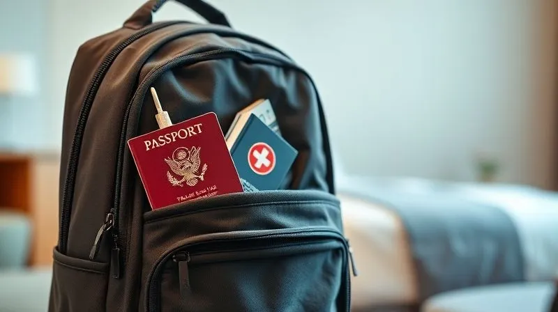 A photorealistic image of a neatly organized travel backpack, with a passport, a travel adapter, a small first-aid kit, and a book spilling out slightly, suggesting preparedness for any journey. The setting is a minimalist, modern hotel room. Cinematic lighting, sharp focus on the items, depth of field blurring the background, 8K hyper-detailed, shot on a high-end DSLR.