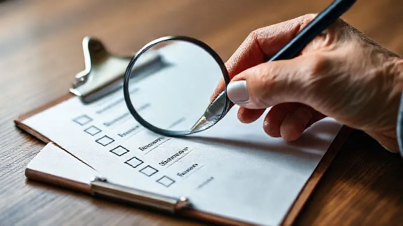 Photorealistic image of a detailed, well-organized checklist on a clipboard, with a magnifying glass hovering over a line item like 'Ramp Gradient' or 'Bathroom Grab Bars'. A senior's hand with a pen is poised to check a box. Bright, professional lighting, sharp focus, depth of field. 8K, shot on a high-end DSLR.