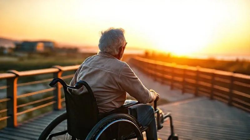 Photorealistic image of a senior couple, one in a wheelchair, holding hands and looking out over a stunning, accessible boardwalk at sunset. Their faces are filled with joy and peace, symbolizing successful, barrier-free travel. Warm, golden hour cinematic lighting, sharp focus on the couple, depth of field blurring the scenic background. 8K, shot on a high-end DSLR.
