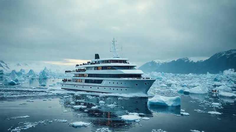 A photorealistic, professional photography, 8K, cinematic lighting shot of a sleek, modern luxury expedition cruise ship navigating through a pristine, iceberg-filled fjord in the Arctic, with a small group of guests on the deck viewing distant wildlife. The sky is dramatic with soft, ethereal light, sharp focus on the ship and ice, depth of field blurring the distant mountains. The scene evokes awe and serene exploration.