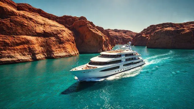 A photorealistic, professional photography, 8K, cinematic lighting shot of a sleek, modern luxury small expedition cruise ship navigating through the dramatic red cliffs and turquoise waters of the Kimberley Coast, Australia. The sun is high, casting stark shadows, sharp focus on the ship and the rugged landscape, depth of field blurring the distant horizon. The scene evokes adventure and untouched wilderness.