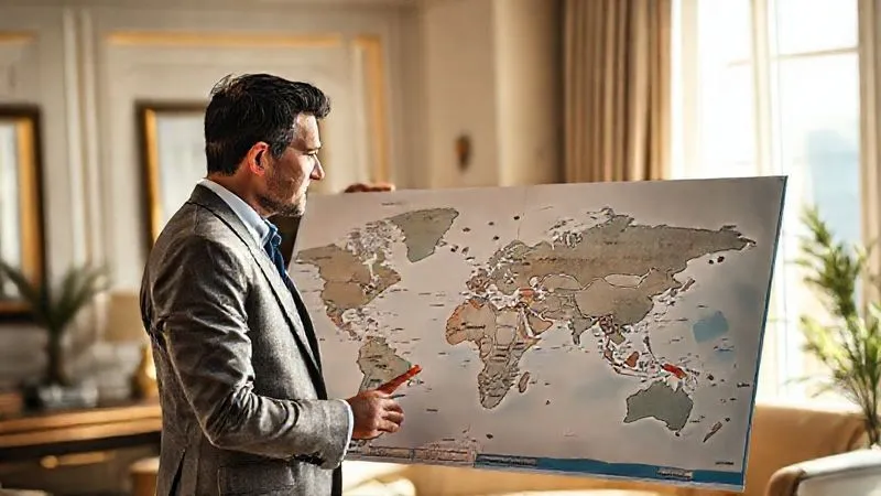 A photorealistic, professional photography, 8K, cinematic lighting shot of a luxury travel advisor, impeccably dressed, consulting with a sophisticated couple in a sunlit, elegant office. They are looking at a large world map, pointing to remote cruise destinations. The atmosphere is collaborative and discerning, sharp focus on the people and map, depth of field blurring the background. The scene evokes personalized service and expert guidance.