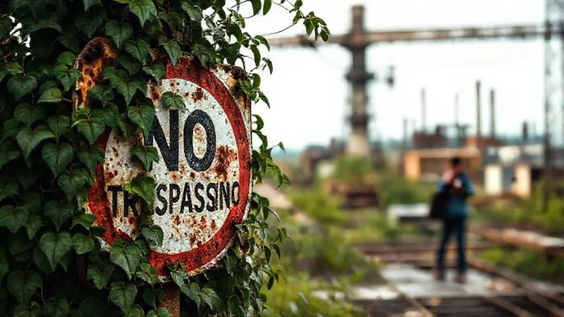 Photorealistic, professional photography, 8K, cinematic lighting, sharp focus, depth of field, shot on a high-end DSLR. A weathered, rusted 'No Trespassing' sign partially obscured by overgrown ivy, with a blurred figure in the background holding a camera, hesitating at the edge of a derelict industrial complex. The scene evokes a sense of legal boundaries and ethical considerations in urban exploration.