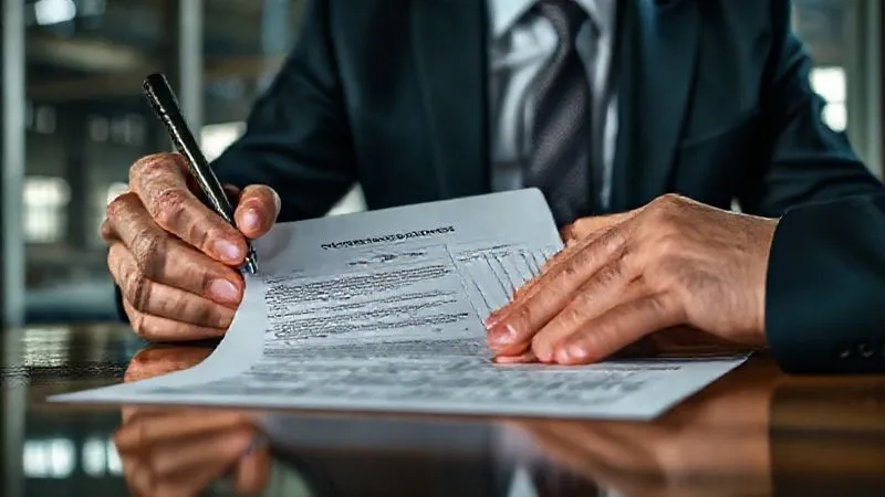 Photorealistic, professional photography, 8K, cinematic lighting, sharp focus, depth of field, shot on a high-end DSLR. A close-up of a legal document, a 'Property Access Agreement' or 'Location Release Form', being signed by a businessperson in a suit, with a blurred backdrop of an abandoned industrial building seen through a window. The scene emphasizes the formal process of gaining legal access to private urbex locations.