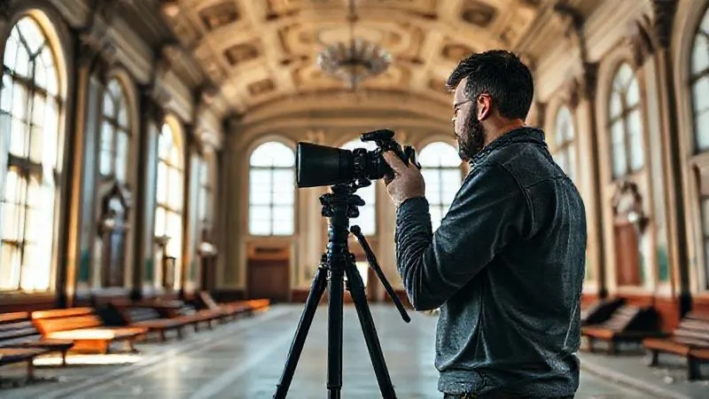 Photorealistic, professional photography, 8K, cinematic lighting, sharp focus, depth of field, shot on a high-end DSLR. A professional photographer, confidently standing with a high-end camera and tripod, looking at a beautifully preserved, legally accessed abandoned grand hall bathed in soft, natural light, conveying success, professionalism, and artistic fulfillment. The scene emphasizes the positive outcomes of diligent permit acquisition.