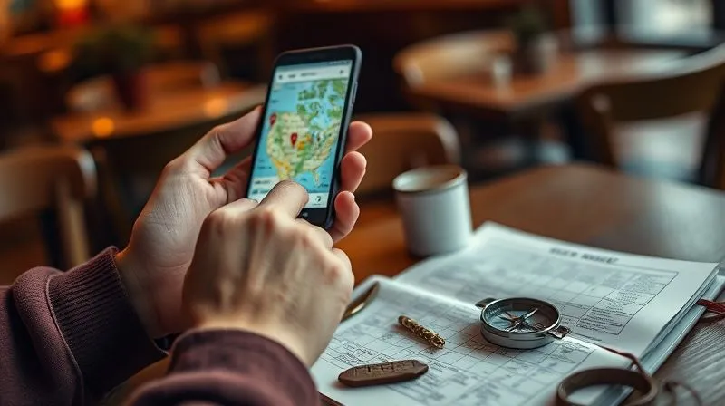 photorealistic, professional photography, 8K, cinematic lighting, sharp focus on a pair of hands holding a smartphone displaying a map application with various unusual pins, a vintage compass and a well-worn travel journal are visible on a wooden table, depth of field blurring a cozy, dimly lit cafe background, representing digital research for unique travel spots, shot on a high-end DSLR