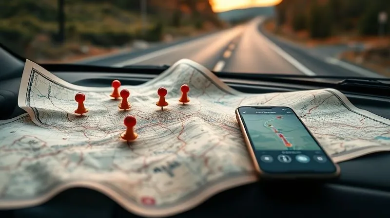 photorealistic, professional photography, 8K, cinematic lighting, sharp focus on a detailed vintage map spread out on a car dashboard, with several colorful pins marking unique roadside attractions, a smartphone displaying a GPS route overlapping the physical map, depth of field blurring the scenic road ahead, symbolizing meticulous road trip planning and discovery, shot on a high-end DSLR