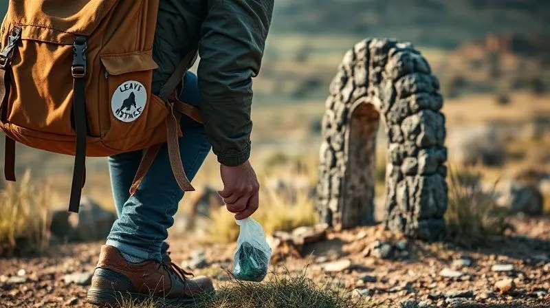 photorealistic, professional photography, 8K, cinematic lighting, sharp focus on a person carefully picking up a piece of litter from the ground near a unique, weathered roadside monument in a rural setting, a 'Leave No Trace' sticker is visible on their backpack, depth of field blurring the serene, natural landscape, emphasizing responsible travel and environmental stewardship, shot on a high-end DSLR