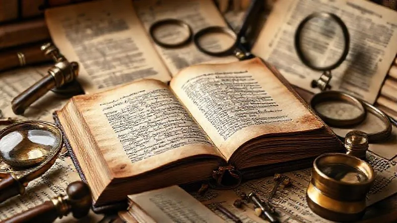 A photorealistic image of an open, ancient leather-bound book with faded script, surrounded by various magnifying glasses and carefully arranged historical documents, illuminated by a warm, focused light, suggesting deep scholarly research. Cinematic lighting, sharp focus, depth of field, 8K hyper-detailed, professional photography, shot on a high-end DSLR.